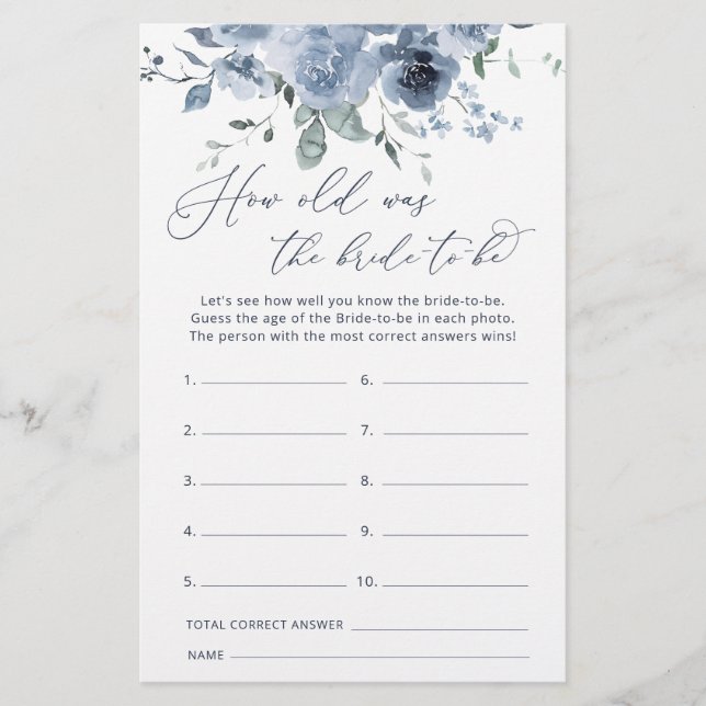 Blue Floral How Old is the Bride to Be Game (Front)