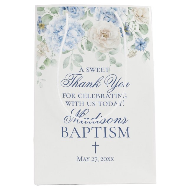 Blue Floral Hydrangea Botanical Baptism Favour Medium Gift Bag (Front)