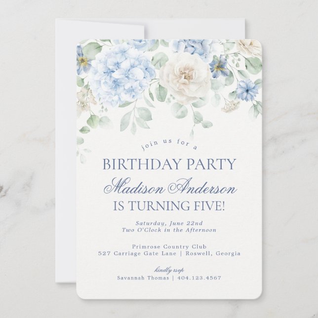 Blue Floral Hydrangea Botanical Birthday Party Invitation (Front)