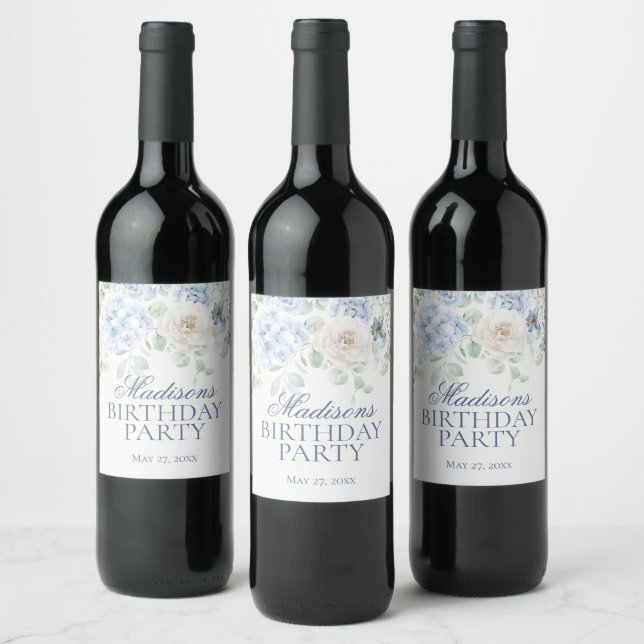 Blue Floral Hydrangea Botanical Bloom Birthday Wine Label (Bottles)