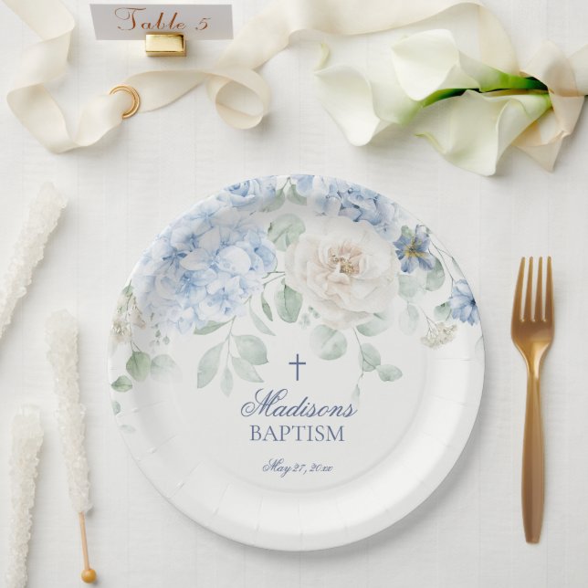 Blue Floral Hydrangea Botanical Blooms Baptism Paper Plate (Wedding)