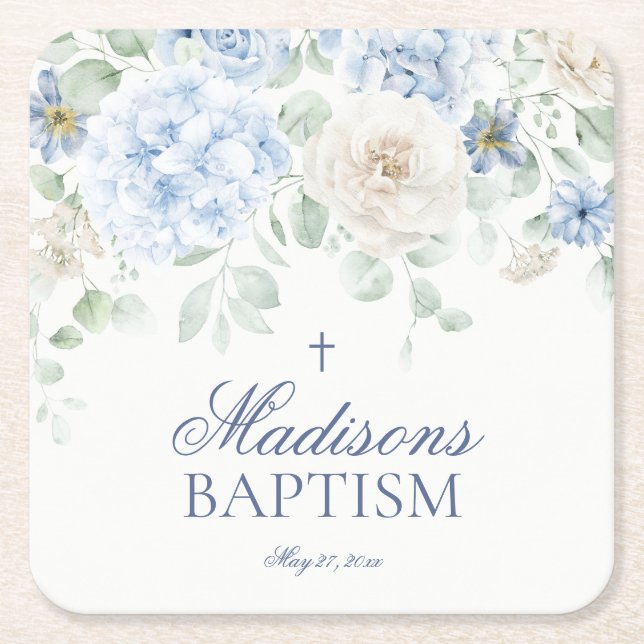 Blue Floral Hydrangea Botanical Blooms Baptism Square Paper Coaster (Front)