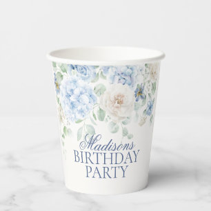 Blue Floral Hydrangea Botanical Blooms Birthday Paper Cups