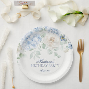 Blue Floral Hydrangea Botanical Blooms Birthday Paper Plate