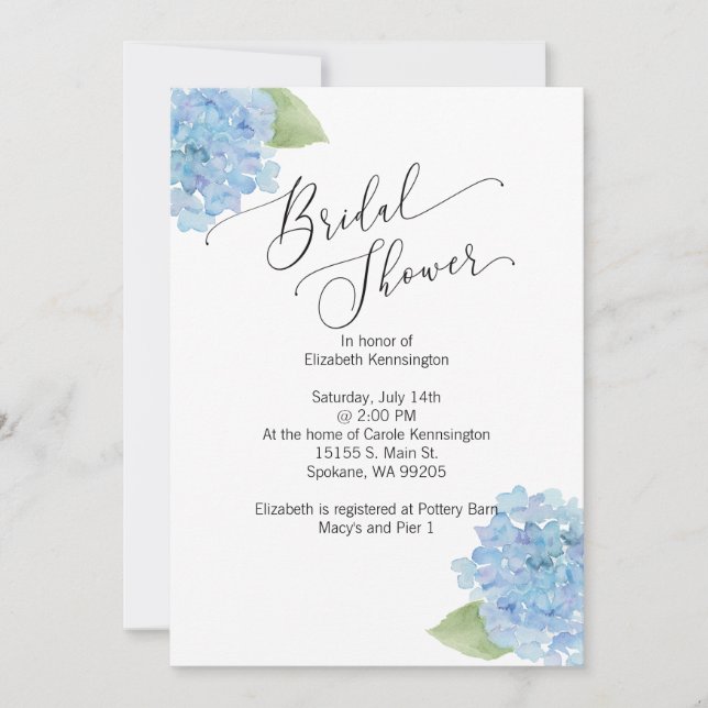 Blue floral Hydrangea Bridal Shower Invitation (Front)