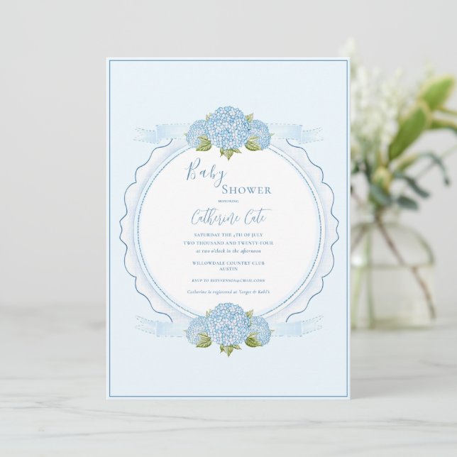 Blue Floral Hydrangea Elegant Baby Shower  Invitation (Standing Front)