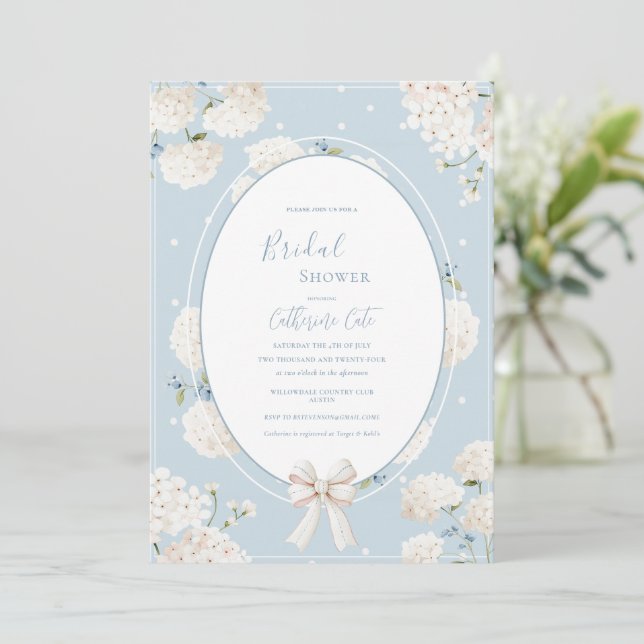 Blue Floral Hydrangea Elegant Bridal Shower Invitation (Standing Front)