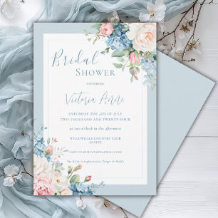 Blue Floral Hydrangea Elegant Bridal Shower Invitation