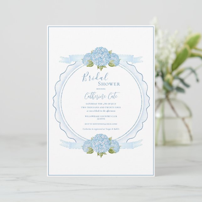 Blue Floral Hydrangea Elegant Bridal Shower  Invitation (Standing Front)
