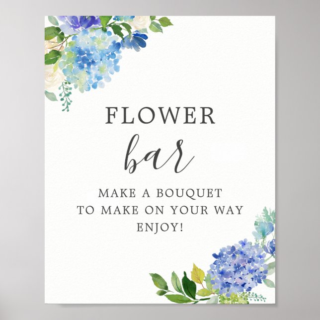Blue Floral Hydrangea Flower Bar Pedestal Sign (Front)