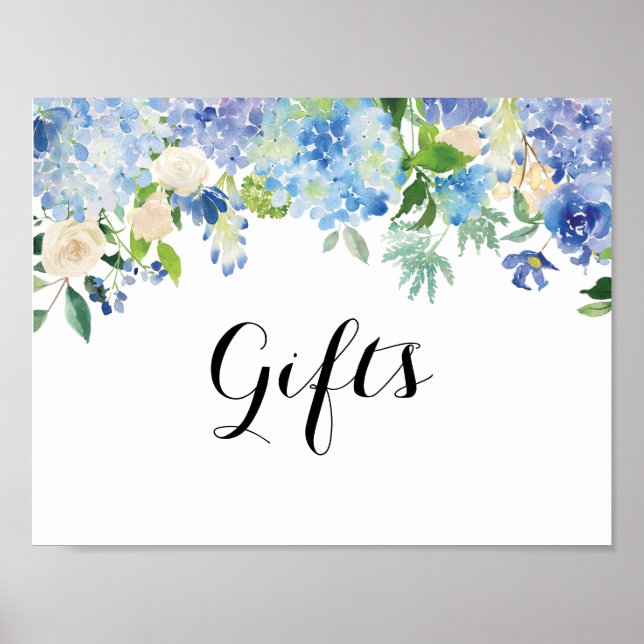 Blue Floral Hydrangea Gift Table Sign (Front)