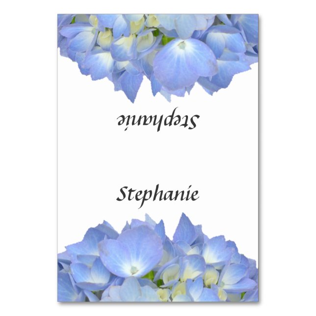 Blue Floral Hydrangea Name Template Place Cards (Front)