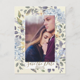 Blue floral hydrangea photo save the date announcement postcard