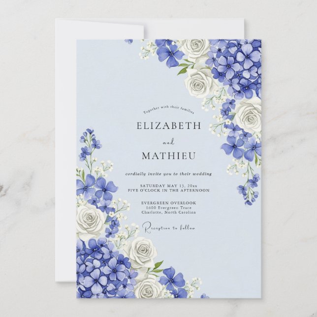 Blue Floral Hydrangea Romance Wedding Invitation (Front)