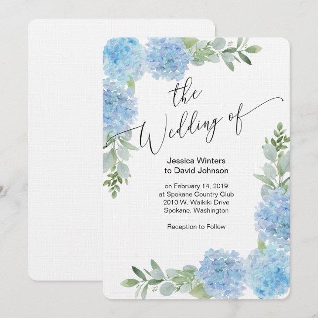 Blue Floral Hydrangea Wedding Invitation design (Front/Back)