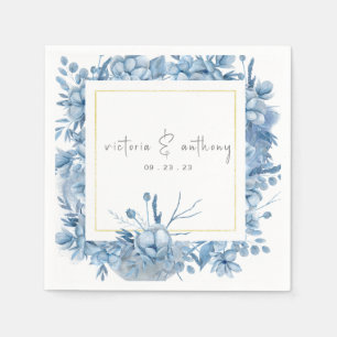 Blue Floral Hydrangeas Name Date Wedding Napkin