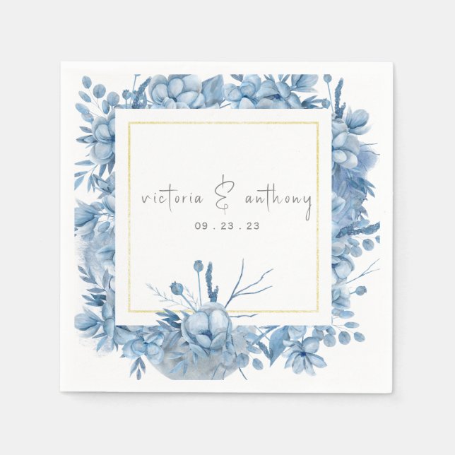 Blue Floral Hydrangeas Name Date Wedding Napkin (Front)