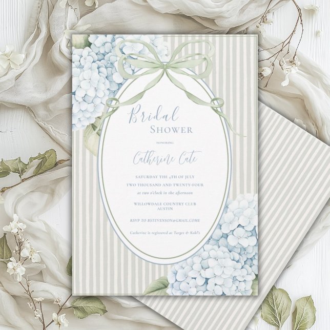 Blue Floral Hydrangeas Sage Green Whimsical Bridal Invitation (Creator Uploaded)