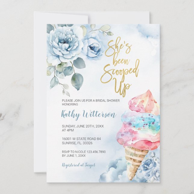 Blue Floral Ice Cream Scooped Bridal Shower  Invitation (Front)