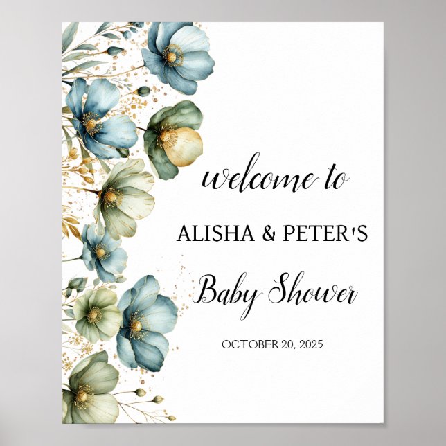Blue Floral "It's a Boy" Baby Shower Welcome Sign (Front)