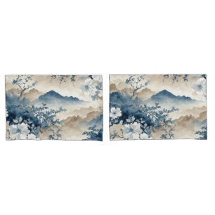 Blue Floral Japanese Landscape Pillowcase