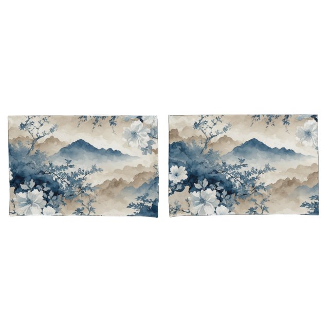 Blue Floral Japanese Landscape  Pillowcase (Front-Set)