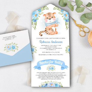 Blue Floral Jungle Safari Cute Tiger Baby Shower  All In One Invitation