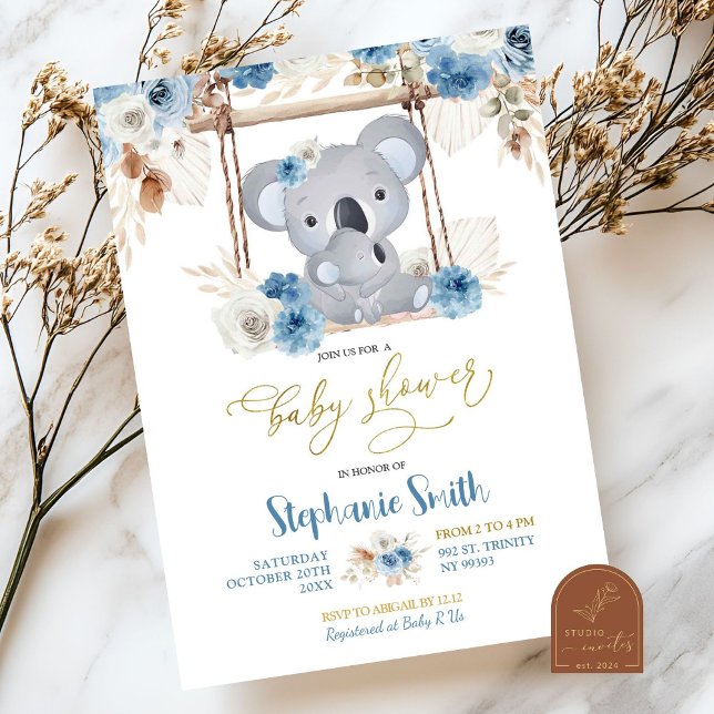 Blue Floral Koala Australian Animal Baby Shower Invitation (Creator Uploaded)