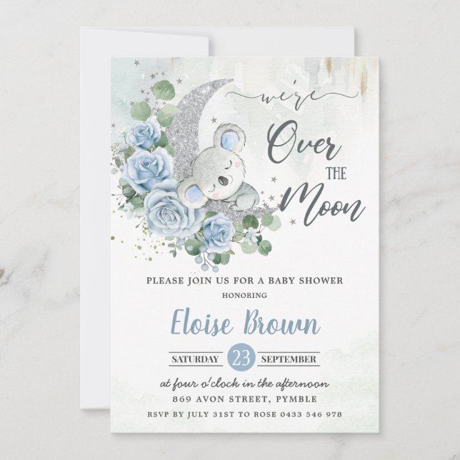 Blue Floral Koala We're Over the Moon Baby Shower  Invitation (Front)
