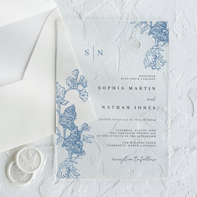 Blue Floral Lace Clear Wedding  Acrylic Invitations (Creator Uploaded)