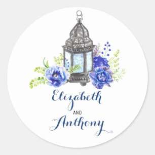 Blue Floral Lantern Wedding Classic Round Sticker