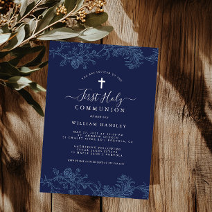 Blue Floral Leaf Boys First Communion  Invitation