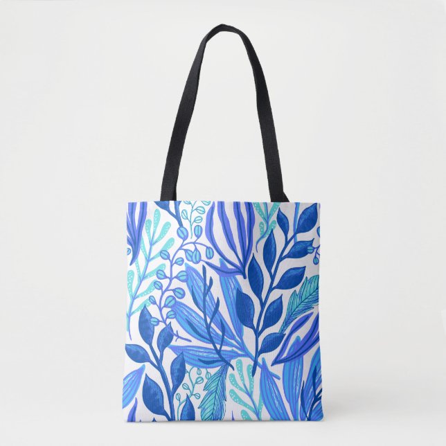 Blue Floral leaf themed Tote Bag (Front)