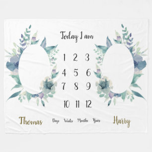 Blue floral leaves arrangement Twins Milestone  Fleece Blanket