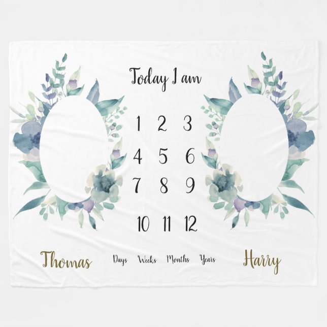 Blue floral leaves arrangement Twins Milestone  Fleece Blanket (Front (Horizontal))
