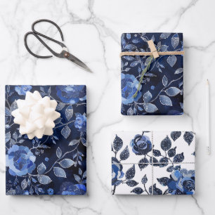 Blue Floral Leaves Birthday Wrapping Paper Sheet