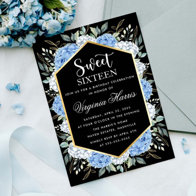 Blue Floral Leaves Black Sweet Sixteen 16 Birthday Invitation (Creator Uploaded)