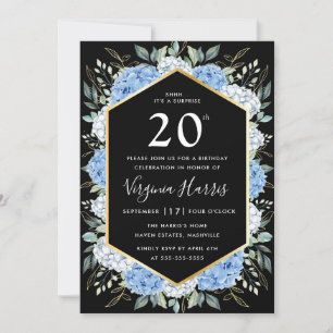 Blue Floral Leaves Black Twenty 20th Birthday Invitation
