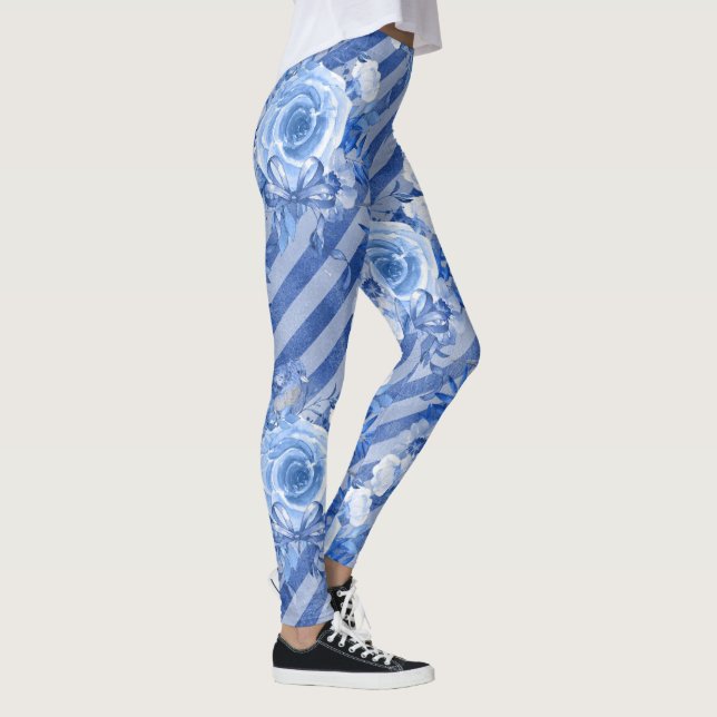 Blue Floral Leggings - Women's Flower Print Style (Right)