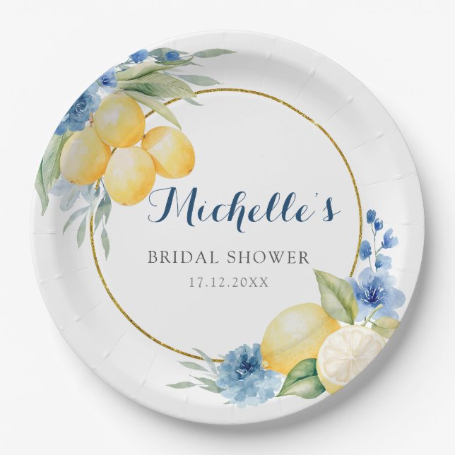 Blue Floral Lemon Main Squeeze Baby Shower Paper Plate (Front)