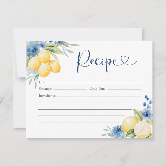 Blue floral Lemon Main Squeeze Bridal Recipe Card (Front)