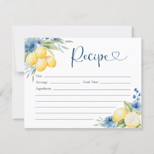 Blue floral Lemon Main Squeeze Bridal Recipe Card