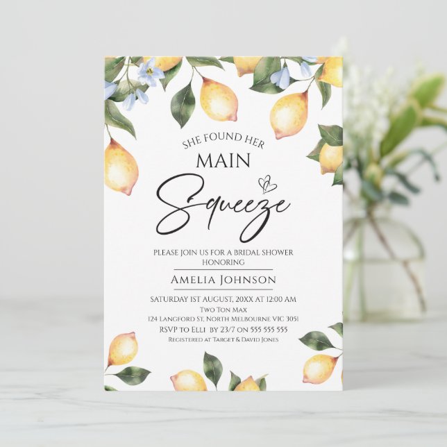 Blue floral lemon main squeeze bridal shower invitation (Standing Front)