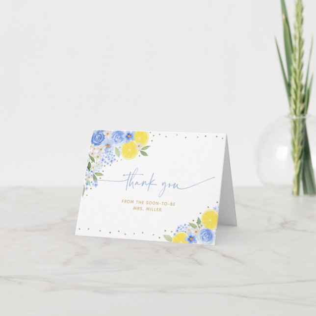 Blue Floral Lemon Main Squeeze Bridal Shower Thank You Card (Front)