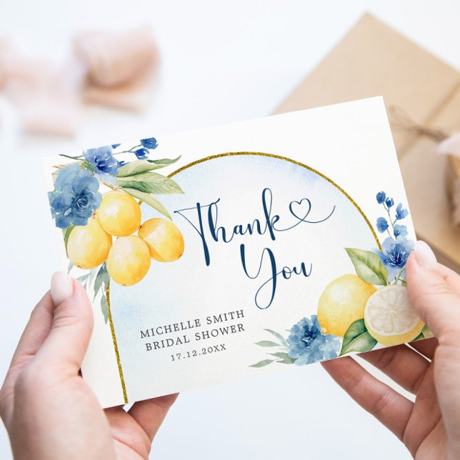 Blue floral Lemon Main Squeeze Bridal shower Thank You Card (Creator Uploaded)