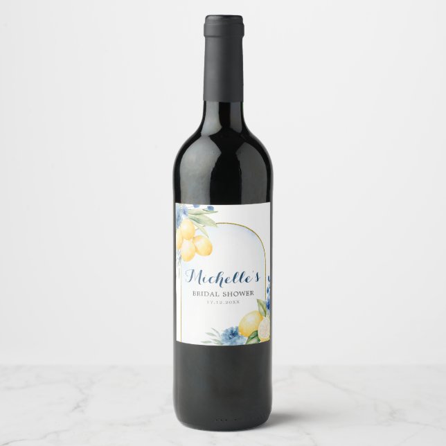 Blue floral Lemon Main Squeeze Bridal Shower Wine Label (Front)