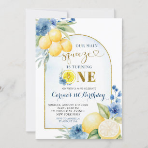 Blue floral Lemon Main Squeeze First Birthday Invitation