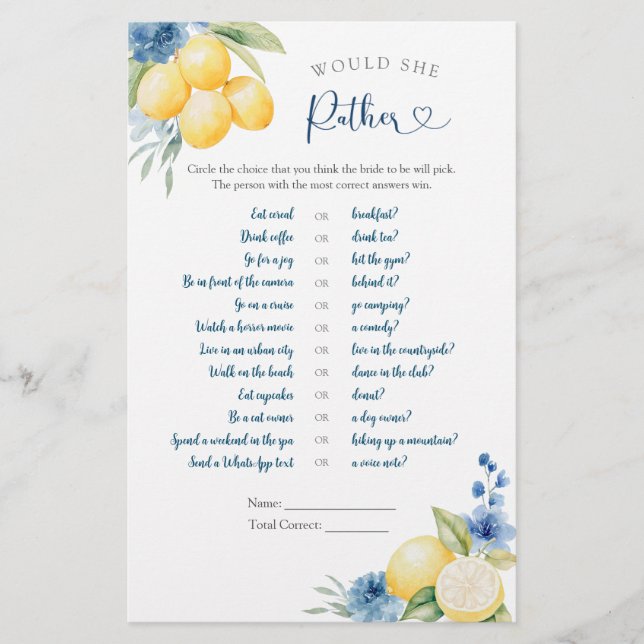 Blue Floral Lemon Main Squeeze Would She Rather (Front)