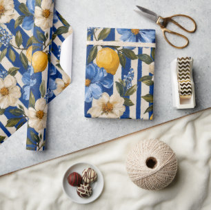 Blue Floral Lemon Stripe Elegant Wrapping Paper
