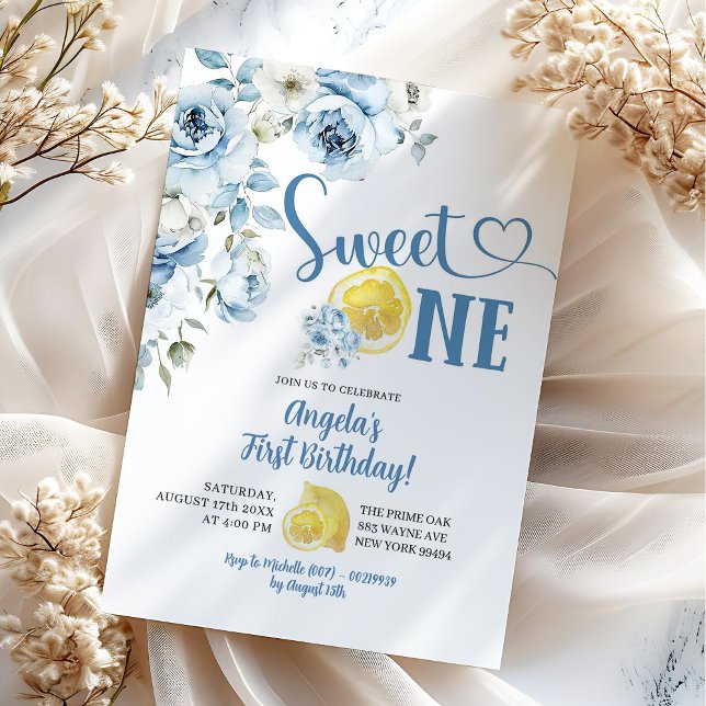 Blue Floral Lemon Sweet One First Birthday Invitation (Creator Uploaded)